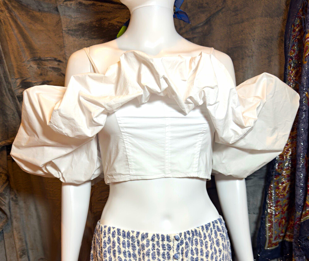 Olivaceous White Off Shoulder Puff Sleeve Ruffle Crop Boho Cottagecore Cotton  S